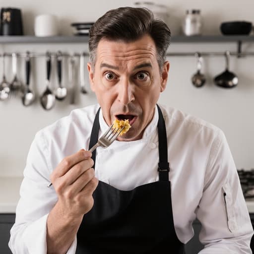 40대의 유럽계 남성이 조리복과 앞치마를 입고, 잘 정리된 주방에서 반신 샷으로 촬영되었습니다. 그는 한 손으로 음식을 들고 약간 앞으로 기울이며 음식을 맛본 후 놀란 표정을 짓고 있습니다. 주방 배경에는 깔끔하게 정리된 조리대와 주방 기구들이 있어 따뜻한 요리 분위기를 만들어냅니다.