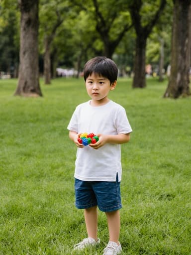 7세 아시아계 남자가 공원에 서서 캐주얼한 티셔츠와 반바지를 입고 레고 블록을 손에 들고 있습니다. 그는 약간 지루한 표정을 짓고 있으며, 푸른 잔디와 나무들로 둘러싸인 편안하면서도 장난스러운 분위기를 자아냅니다.