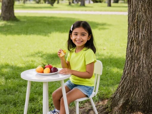 7세의 귀엽고 사랑스러운 라틴계 소녀가 공원에서 작은 식탁에 앉아 밝은 색상의 의상을 입고 과일을 즐기고 있습니다. 그녀의 귀여운 웃음과 행복한 표정이 생동감 있는 분위기를 만들어내며, 어린 시절의 행복한 순간을 포착하고 있습니다.