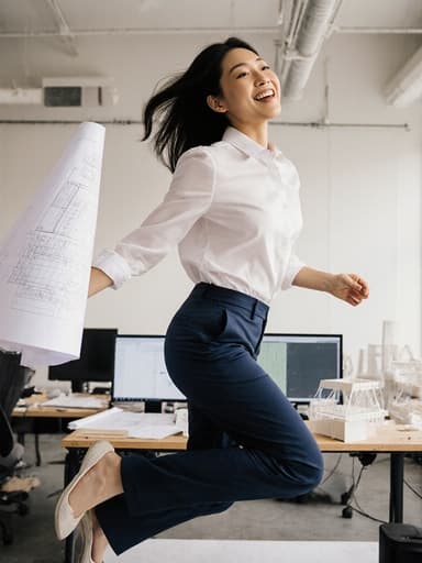 세련된 블라우스와 슬랙스를 입은 20대 아시아계 여성이 현대적인 디자인 스튜디오에서 건축 도면을 들고 기쁘게 점프하는 모습, 모델은 우아함과 창의성을 발산하며 여러 개의 건축 모형과 컴퓨터로 가득한 공간에서 에너지를 느낀다.