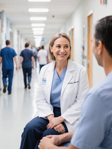 40대 백인 여성 의사가 자연스러운 표정으로 환자와 대화하는 모습의 반신 사진입니다. 의사 가운을 입고 간편한 티셔츠와 바지를 착용하며, 편안하게 앉아 다리를 뻗고 있습니다. 배경은 환자와 직원들이 오가는 병원 복도로, 의료 환경을 강조합니다. 부드럽고 자연스러운 조명이 따뜻하고 초대하는 분위기를 만들어, 의료 직업의 배려심을 강조합니다.