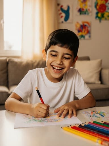 밝고 건강한 외모를 가진 7세 중동계 남자아이가 아늑한 거실의 테이블에서 색연필로 그림을 그리는 모습이 반신 촬영으로 담겨 있습니다. 그는 편안한 티셔츠와 반바지를 입고 있으며, 행복한 미소로 가득 차 있습니다. 벽에는 그의 다채로운 그림들이 장식되어 있고, 따뜻한 햇살이 씬을 비추어 창의력의 기쁨을 강조하는 아늑한 분위기를 만들어냅니다.