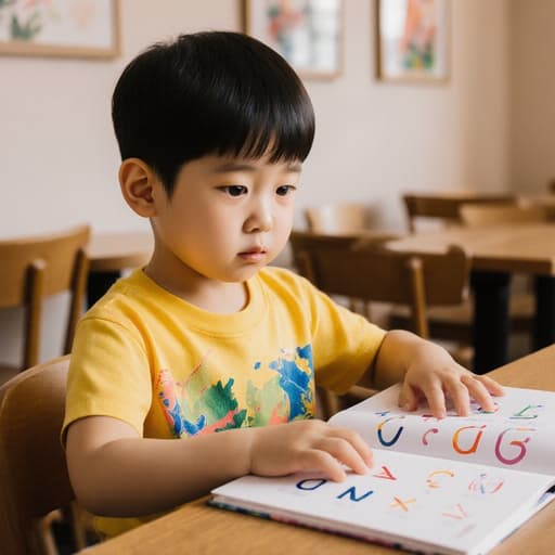 아늑한 카페에 앉아 있는 귀엽고 호기심 어린 3세 한국인 남성의 반신 사진. 그는 밝은 색상의 티셔츠와 반바지를 입고 있으며, 한 손으로 알파벳 책을 들고 다른 손으로 책장을 넘기고 있다. 책을 바라보는 호기심 어린 표정이 인상적이다. 배경에는 나무 테이블과 의자, 그리고 벽에 걸린 매력적인 그림들이 아늑한 분위기를 더하고 있다.