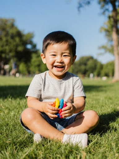 귀여운 혼혈 3세 남자아이가 푸른 잔디가 깔린 공원에서 따뜻한 날씨 아래, 다리를 꼬고 앉아 있는 반신 사진입니다. 그는 편안한 티셔츠와 반바지를 입고 있으며, 장난감을 가지고 놀면서 즐거워하는 표정을 지어 보이고 있습니다. 그의 주변은 생기 넘치는 나무들과 맑은 푸른 하늘로 둘러싸여 있어 어린 시절의 기쁨을 강조하는 즐겁고 따뜻한 분위기를 만들어냅니다.