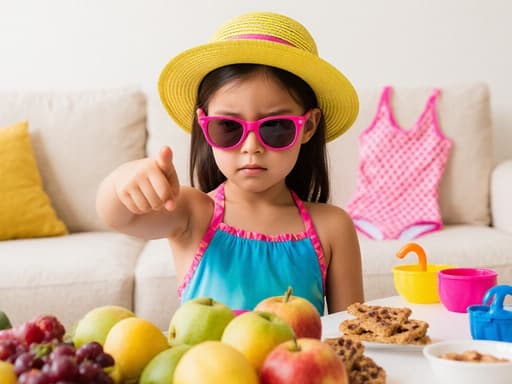 여름 스타일의 화려한 수영복을 입고 밝은 모자와 선글라스를 착용한 귀엽고 혼혈인 7세 소녀의 반신 샷입니다. 그녀는 약간의 불만이 섞인 표정으로 과일과 간식이 놓인 테이블을 가리키고 있으며, 밝고 아늑한 거실에서 물놀이 장난감과 수영복이 주변에 있어 여름의 즐거운 분위기를 자아냅니다.