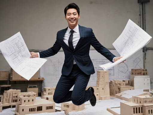 세련된 정장과 넥타이를 착용한 30대 아시아계 남성이 건축 계획서를 들고 점프하는 모습의 다이나믹한 반신 사진. 배경은 건축 모형과 도면이 가득한 모델링실로, 활기차고 전문적인 분위기를 자아냅니다.