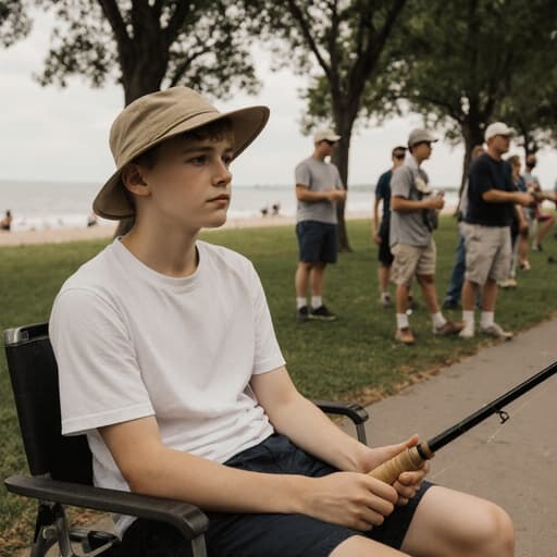 10대 초반의 백인 남성이 나무 의자에 앉아 낚시대를 쥐고 고민하는 표정을 짓고 있습니다. 낚시 모자와 간편한 티셔츠, 반바지를 입고 있으며, 해변 근처의 공원에서 나무와 낚시를 지켜보는 사람들과 함께 낚시를 하는 모습을 담고 있습니다.