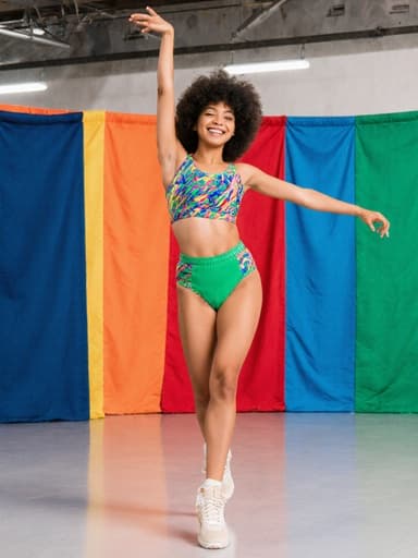 화려한 색상의 댄스복을 입고 기쁘게 춤추는 혼혈 10대 소녀의 반신 사진. 밝은 조명이 비추는 다양한 색상의 배경이 있는 스튜디오에서 활기차게 움직이고 있다.