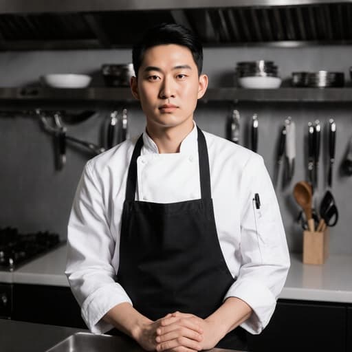30대 아시아계 남성이 차분한 표정으로 흰색 요리사 복과 검은색 앞치마를 착용한 반신 촬영. 그는 주방에서 손을 앞에 모으고 요리를 준비하는 모습으로, 정리된 조리대와 조리 기구가 있습니다. 부드럽고 자연스러운 조명이 전문적이고 매력적인 분위기를 만들어냅니다.