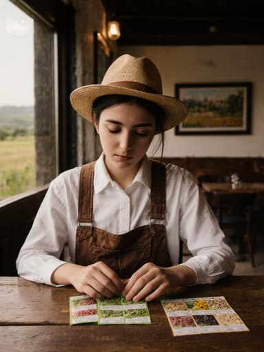 중동계 10대 초반 소녀가 농부 스타일의 작업복을 입고, 농촌 풍경을 배경으로 한 카페 테이블에 앉아 농산물 샘플을 정리하며 차가운 표정으로 생각에 잠긴 모습입니다. 자연광이 비추어져 장면이 아름답게 빛나고 있습니다.