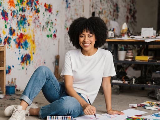 30대 혼혈 여성이 캐주얼한 티셔츠와 청바지를 입고, 활기찬 표정으로 디자인 도구를 손에 들고 바닥에 앉아 있는 모습. 배경은 다양한 색상의 페인트와 스케치로 가득한 창의적인 디자인 공간으로, 영감을 주는 분위기를 만들어냅니다.