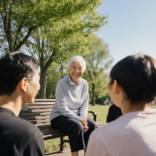 70대 아시아계 여성의 반신 사진으로, 자연스러운 외모를 지니고 편안한 운동복과 운동화를 착용하고 공원 벤치에 앉아 스트레칭을 하며 가족과 대화하고 있습니다. 푸르른 나무들과 맑은 하늘이 어우러져 따뜻함과 연결감을 표현하고 있습니다.
