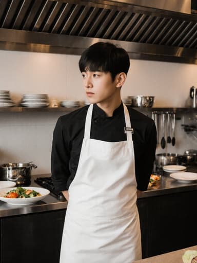 10대 후반의 동양인 남성 요리사가 흰색 앞치마와 검은색 셔츠를 입고 고민하는 표정을 지으며 요리법을 생각하고 있는 모습을 반신 촬영으로 담았습니다. 그는 현대적인 레스토랑 주방에서 재료를 준비하고 있으며, 정돈된 요리 도구와 재료들이 주위를 둘러싸고 있어 집중하고 창의적인 분위기를 강조합니다.