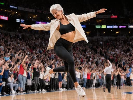 50대 혼혈 여성이 운동복을 입고 우아한 자세로 포즈를 취하고 있으며, 주변에는 응원하는 관중들이 있는 활기찬 운동 경기장이 배경으로 설정되어 있어 우아함과 힘을 드러냅니다.