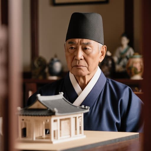 전통 한복을 입은 70대 아시아계 남성의 반신 사진으로, 걱정스러운 표정으로 전통 건축 모형을 바라보며 전통적인 장식이 있는 거실에 서 있습니다.