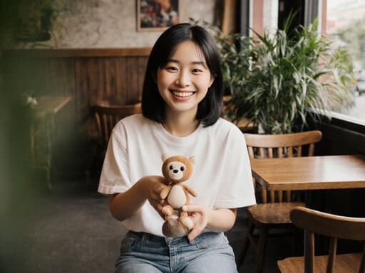 이 이미지는 아늑한 카페에 앉아 있는 10대 초반의 동양인 소녀를 보여주며, 편안한 티셔츠와 청바지를 입고 있습니다. 그녀는 친근한 미소를 지으며 작은 동물 인형을 들고 이야기를 나누는 듯한 모습입니다. 배경에는 나무 테이블과 의자, 그리고 푸르른 식물이 있어 따뜻하고 초대하는 분위기를 더합니다.