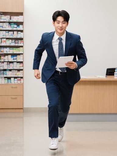 약국 상담실 배경에서 처방전을 들고 달리는 10대 후반의 동양인 남성이 스마트한 의사복과 운동화를 착용한 모습으로, 활기차고 자신감 넘치는 표정을 지으며 젊음의 에너지를 전달하는 이미지입니다.