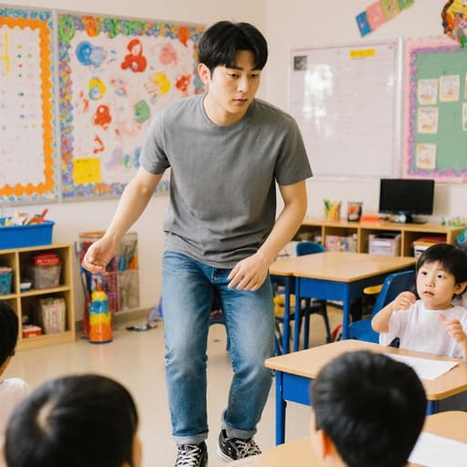 20대 한국인 남성이 반신샷으로 편안한 티셔츠와 청바지를 입고 아이들과 함께 춤추는 자세로 약간 몸을 기울이고 있습니다. 배경은 밝고 아기자기한 교육 공간으로, 장식과 학습 도구들로 가득 차 있어 초대하는 분위기를 만들어냅니다.