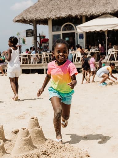 밝은 색상의 의상을 입고 해변에서 모래성을 쌓으며 즐거워하는 7세 아프리카계 소녀, 주변에는 모래놀이를 하는 아이들이 있고, 배경에는 해변가 카페가 보입니다.