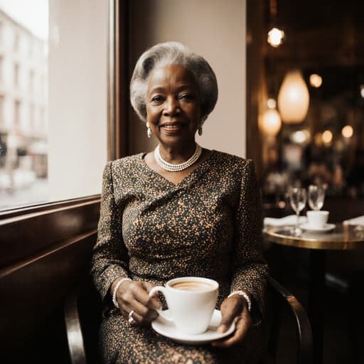 이미지는 60대 아프리카계 여성의 반신 사진으로, 고급스러운 패턴의 드레스와 우아한 액세서리를 착용하고 편안하게 카페에 앉아 있으며, 무릎 위에 손을 자연스럽게 올려놓고 자신감 있고 고급스러운 분위기를 발산하고 있습니다.