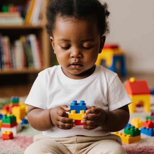 아늑한 거실에 앉아 있는 귀여운 1세 아프리카계 여아의 반신 사진입니다. 편안한 티셔츠와 바지를 착용하고 있으며, 졸린 표정으로 눈을 살짝 감고 있습니다. 두 손으로 레고 블록을 부드럽게 잡고 조립하려는 듯한 자세입니다. 주변에는 장난감과 책들이 흩어져 있어 어린이의 학습 공간을 연출하고 있습니다. 따뜻하고 초대하는 분위기가 장면의 매력을 더하며, 아이의 순수함과 호기심을 강조합니다.