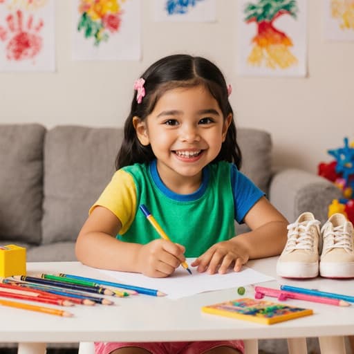 화사한 색상의 티셔츠와 반바지를 입고 밝은 색상의 운동화를 신은 귀엽고 해맑은 3세의 라틴계 소녀의 반신 사진입니다. 그녀는 작은 테이블에 앉아 그림 도구를 놓고 귀여운 웃음을 지으며 그림을 그리고 있습니다. 배경은 벽에 그녀의 그림이 걸려 있는 아늑한 거실로, 편안한 소파와 장난감이 흩어져 있어 따뜻하고 초대하는 분위기를 자아냅니다.