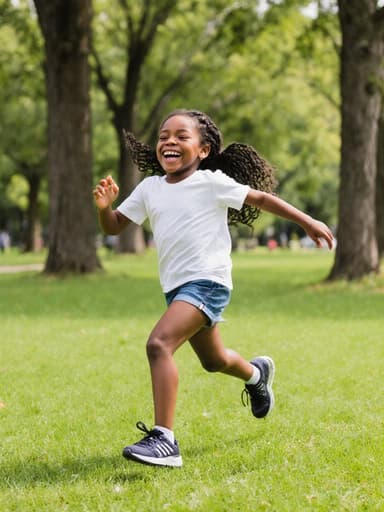 7세의 흑인 소녀가 밝고 자연스러운 외모로 캐주얼한 티셔츠와 반바지를 입고, 편안한 운동화를 신은 채 즐거운 표정으로 양팔을 벌리고 달리는 모습의 전신 샷. 푸른 잔디와 나무들이 가득한 공원에서 아이의 기쁨과 자유로운 정신을 표현하고 있습니다.