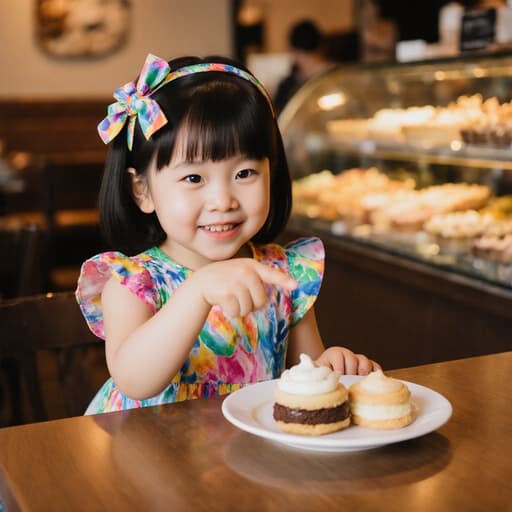 순수하고 사랑스러운 미소를 짓고 있는 3세 한국인 여성의 반신 샷. 화사한 색상의 원피스와 리본 헤어밴드를 착용하고, 아늑한 카페 테이블에 앉아 달콤한 디저트를 가리키고 있는 모습. 따뜻한 조명과 다양한 디저트가 진열된 아늑한 카페 내부가 배경을 이루고 있습니다.