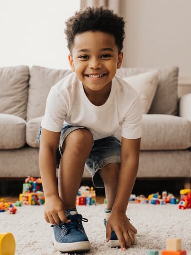 이미지는 7살 혼혈 남자아이가 귀여운 미소를 지으며 편안한 티셔츠와 반바지를 입고 신발을 신으려는 모습을 담고 있습니다. 아늑한 거실에는 소파와 장난감들이 배치되어 있어 따뜻하고 즐거운 분위기를 자아냅니다.