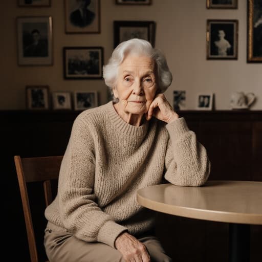 70대 백인 여성이 카페 테이블에 편안하게 앉아 있는 모습의 반신 사진입니다. 그녀는 자연스러운 외모를 가지고 있으며, 편안한 니트 스웨터와 따뜻한 바지를 입고 있습니다. 손을 테이블에 올리고 깊은 생각에 잠긴 표정을 지으며 외로운 감정을 드러내고 있습니다. 배경은 가족 사진이 걸려 있고 부드러운 조명이 비추는 아늑한 거실로, 그녀의 사색적인 분위기를 강조하는 따뜻한 환경입니다.