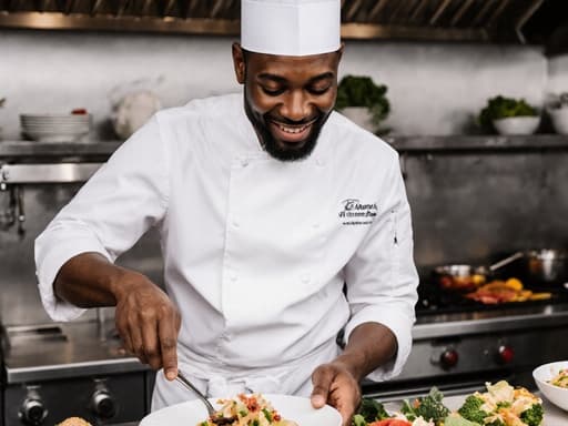 잘 정돈된 주방에서 음식을 즐겁게 서빙하고 있는 젊은 아프리카계 남성 요리사의 반신 사진입니다. 그는 흰색 요리사 모자와 앞치마를 착용하고 있으며, 요리의 즐거움을 강조하는 생동감 넘치는 분위기를 자아내고 있습니다.