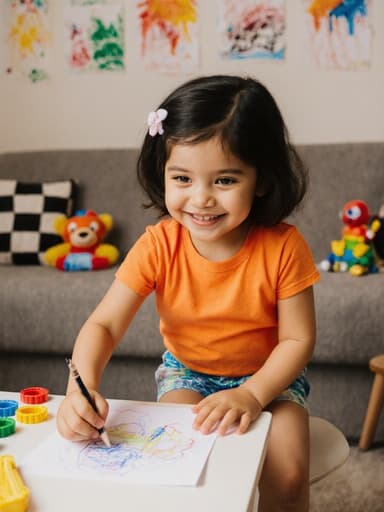 밝은 티셔츠와 반바지를 입고 순수한 미소를 띤 3세의 귀여운 라틴계 소녀가 아늑한 거실에서 종이를 향해 손을 뻗으며 그림을 그리고 있는 모습의 반신 사진. 벽에는 그녀의 다채로운 그림들이 걸려 있고 주변에는 장난감들이 있어 어린 시절의 창의성과 순수함을 포착합니다.