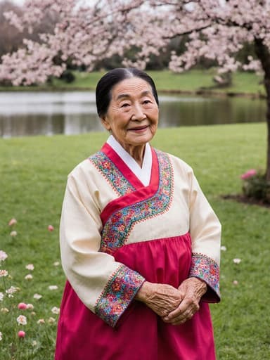 70대 동양인 여성의 전신 사진으로, 화려한 전통 한복을 입고 부드러운 미소와 주름진 얼굴을 가진 지혜로운 인상을 주며, 푸른 잔디와 꽃이 만발한 공원에서 서 있는 모습, 잔잔한 연못이 배경으로 함께 어우러져 깊은 생각에 잠긴 듯한 분위기를 자아낸다.