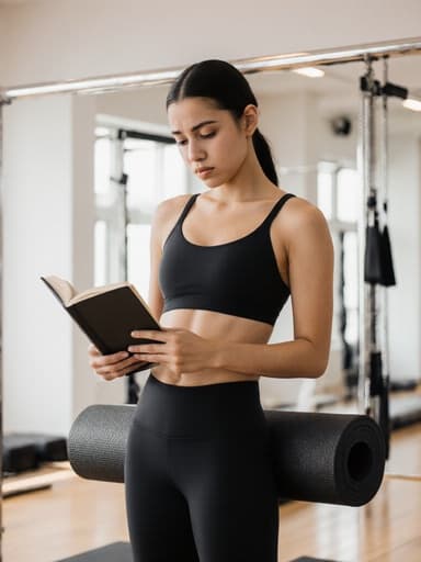 10대 초반의 라틴계 소녀가 현대적인 필라테스 스튜디오에서 포즈를 취하고 있습니다. 그녀는 스타일리시한 필라테스 타이즈와 스포츠 브라를 착용하고 있으며, 한 손에는 필라테스 매트를 들고 다른 손으로 책을 읽고 있습니다. 그녀의 표정은 약간 지루한 느낌이며, 깨끗하고 밝은 운동 공간을 배경으로 편안함과 스타일을 강조합니다.