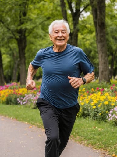 80대의 유럽계 남성이 편안한 운동복을 착용하고, 푸른 나무와 화려한 꽃들로 가득한 아름다운 공원에서 즐겁게 달리는 모습의 전신 사진. 그의 자연스러운 표정은 평온하고 즐거운 자연 환경에서의 기분을 잘 나타내고 있습니다.