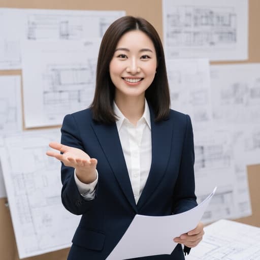 30대 한국인 여성이 스마트한 비즈니스 정장과 블라우스를 입고 반신 촬영된 모습입니다. 그녀는 건축 도면을 들고 밝은 미소로 인사하며 자연스러운 아름다움과 전문성을 보여줍니다. 배경은 건축 계획과 문서로 가득한 도면실로, 디자인과 창의성의 주제를 한층 강조합니다. 자연스럽고 따뜻한 조명이 그녀의 자신감 넘치는 태도와 도면들로 둘러싸인 정돈된 혼란을 부각시킵니다.