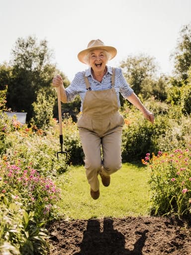 60대 유럽계 여성의 전신 샷으로, 자연스러운 외모를 지닌 그녀가 햇볕이 잘 드는 정원에서 놀라운 표정을 지으며 점프하고 있습니다. 그녀는 편안한 작업복과 모자를 착용하고 있으며, 손에는 정원 도구를 들고 있습니다. 다양한 식물과 꽃들이 어우러진 푸르고 화사한 풍경 속에서 활기차고 즐거운 분위기를 자아냅니다.