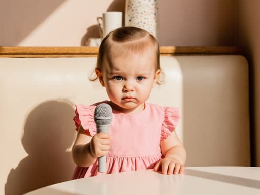 아늑한 카페의 테이블에 앉아 있는 1세 유럽계 여성 아기 모습의 반신 샷. 귀여운 분홍색 드레스를 입고 작은 장난감 마이크를 들고 있으며 지루한 표정을 짓고 있습니다. 밝고 따뜻한 조명이 아늑한 분위기를 더욱 강조합니다.