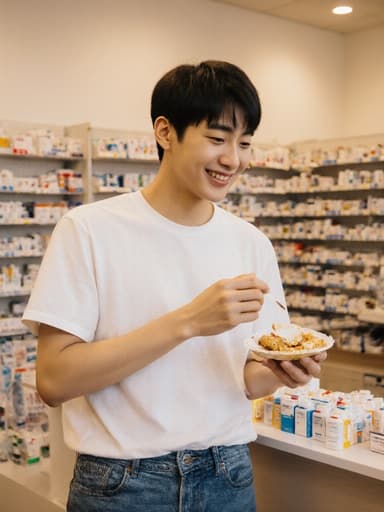 10대 초반의 아시아계 남성이 따뜻하게 미소를 지으며 음식을 들고 약국 카운터 뒤의 약품을 바라보고 있습니다. 그는 편안한 티셔츠와 청바지를 입고 있으며, 다양한 약품이 깔끔하게 진열된 선반을 배경으로 포근하고 매력적인 분위기를 만들어냅니다.