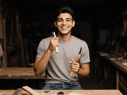 10대 초반의 라틴계 남성이 행복한 표정을 지으며 자신감 있게 목공 도구를 선보이는 아늑한 작업실 환경에서 편안한 티셔츠와 청바지를 입고 따뜻한 분위기를 연출하고 있습니다.
