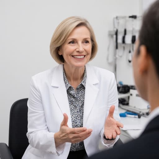 50대 유럽계 여성의 반신 사진으로, 자연스러운 외모를 지니고 있으며 의사 가운 위에 깔끔한 블라우스를 입고 있습니다. 그녀는 따뜻한 미소를 지으며 환자와 대화하고 손을 가볍게 흔드는 친근한 모습입니다. 배경은 현대적이고 깔끔한 진료실로, 의료 기구와 상담용 의자가 배치되어 있어 전문적이면서도 초대하는 분위기를 자아냅니다.