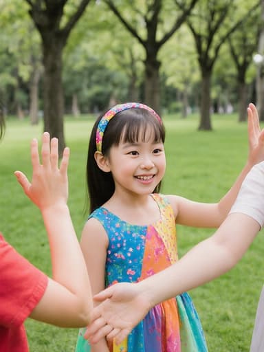 이 이미지는 화려한 드레스와 귀여운 머리띠를 착용한 사랑스러운 7세 한국인 소녀의 전신을 담고 있습니다. 그녀는 공원에서 친구에게 인사하며 손을 흔들고 있으며, 얼굴에는 밝은 미소가 가득합니다. 배경은 푸른 잔디와 나무들로 가득한 공원으로, 장면의 즐거운 분위기를 더욱 돋보이게 합니다.