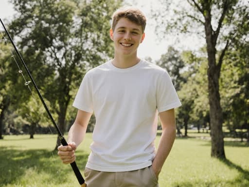 편안한 티셔츠와 반바지를 입은 10대 후반의 백인 남성이 평화로운 공원에서 미소를 지으며 여유로운 표정을 짓고 있습니다. 그는 한 손을 낚시대에 얹고 다른 손은 주머니에 넣고 있어 자연 속에서 여유로운 하루를 보내는 모습을 보여주고 있습니다.