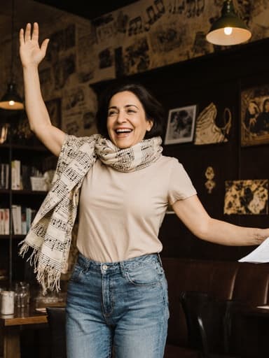 40대 중동계 여성이 자연스러운 외모를 가지고 편안한 티셔츠와 청바지를 입고 세련된 스카프를 매치한 전체 모습입니다. 그녀는 음악 노트를 들고 점프하며 음악에 대한 사랑을 표현하고 있습니다. 배경은 음악 관련 장식이 있는 아늑한 카페 내부로, 전체적인 주제를 더해줍니다. 그녀의 표정은 편안하고 즐거워 보이며, 따뜻하고 초대하는 분위기 속에서 음악을 즐기는 본질을 잘 포착하고 있습니다.