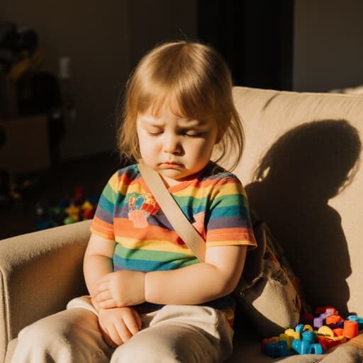 아늑한 소파에 앉아 있는 귀여운 3세 유럽계 소녀의 반신 사진. 그녀는 화사한 색상의 티셔츠와 편안한 바지를 입고 있으며, 약간 지루한 표정으로 고개를 숙이고 가방의 끈을 한쪽 어깨에 메고 있다. 거실은 따뜻하고 아늑하며, 장난감들이 흩어져 있고 햇살이 창문을 통해 들어온다.