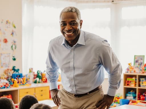 50대 흑인 남성이 따뜻한 미소를 지으며 캐주얼한 셔츠와 편안한 팬츠를 입고 반신 촬영을 하고 있습니다. 그는 아이들이 도착하기를 기다리며 손을 허리에 올리고 약간 기대는 자세로 서 있습니다. 배경은 다양한 색상의 학습 도구와 장난감으로 가득 찬 밝고 아늑한 학습실입니다. 이 장면은 그의 행복한 표정과 기대감을 포착하여 따뜻하고 활기찬 분위기를 만들어냅니다.