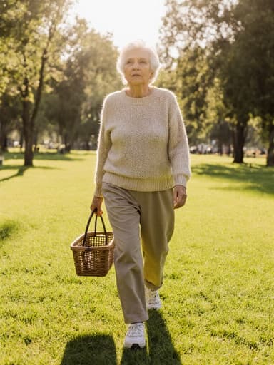 전체적인 모습이 자연스러운 70대 중동계 여성의 풀바디 샷입니다. 편안한 니트 스웨터와 바지, 운동화를 착용하고 있으며, 작은 장바구니를 손에 들고 무관심한 표정으로 주위를 바라보며 햇살이 비치는 공원에서 걷고 있습니다. 배경은 나무와 잔디가 있는 평화로운 풍경으로, 부드러운 햇살이 비추어 차분한 분위기를 더합니다.
