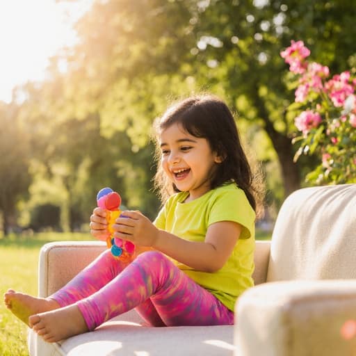 햇살이 따뜻하게 내리쬐는 공원에서 소파에 앉아 장난감을 들고 즐겁게 놀고 있는 귀여운 중동계 3세 여아의 반신 샷. 밝은 색상의 티셔츠에 레깅스를 입고 있으며, 그녀의 활발하고 행복한 표정이 잘 드러난다. 주변에는 나무와 꽃들이 있어 장면을 더욱 생동감 있게 만든다.