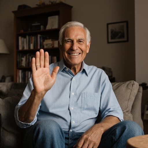 60대 혼혈 남성이 캐주얼한 셔츠와 청바지를 입고, 반신 샷으로 포착되었습니다. 그는 따뜻한 미소를 지으며 손을 들어 인사하고 있으며, 아늑한 거실과 책장이 있는 배경이 편안하고 초대하는 분위기를 만들어냅니다.