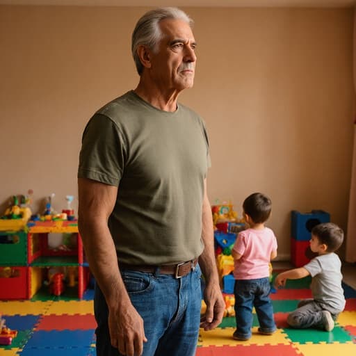 50대의 라틴계 남성이 편안한 티셔츠와 청바지를 입고 아늑한 놀이방에 서 있습니다. 그는 긴장한 표정을 지으며 다양한 장난감으로 놀고 있는 어린이들을 바라보고 있어, 따뜻하고 생기 넘치는 분위기를 만들어냅니다.